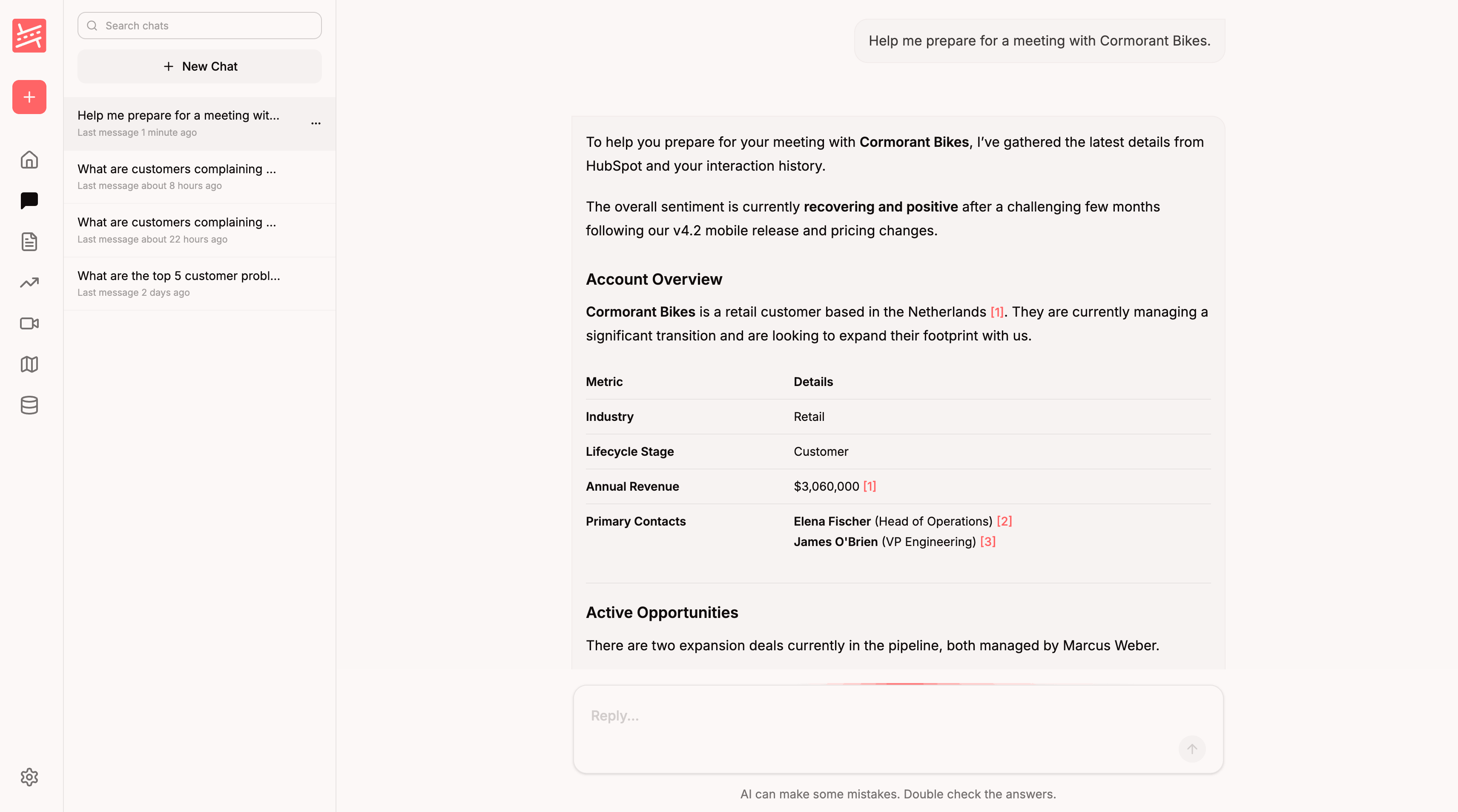 Roadmappy AI Chat answering "Help me prepare for a meeting with Cormorant Bikes" with an account overview table and numbered citations pointing back to HubSpot records