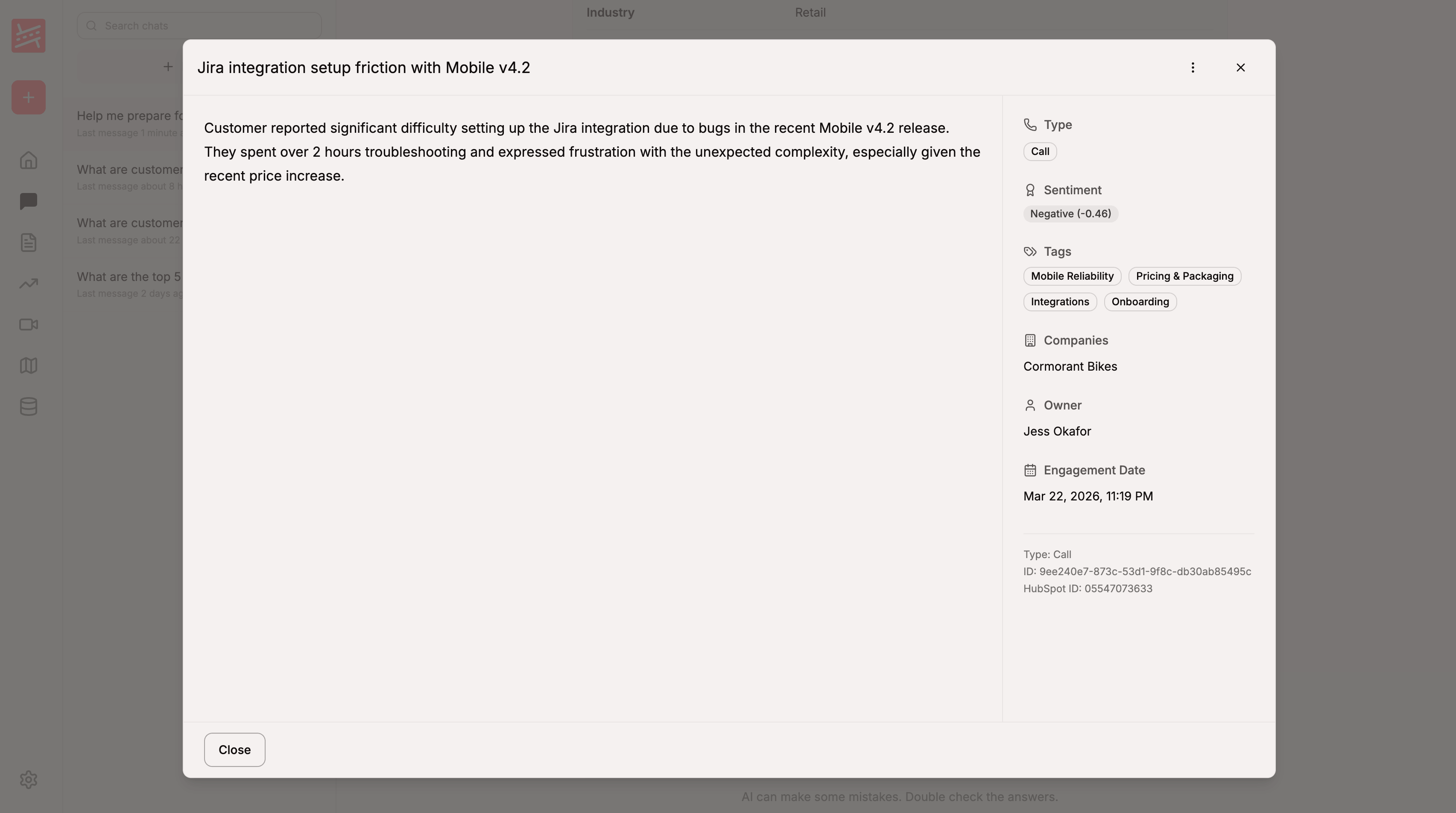 A HubSpot call engagement opened from a citation, showing the title "Jira integration setup friction with Mobile v4.2", the full note, sentiment, tags, associated company, owner, and HubSpot engagement ID