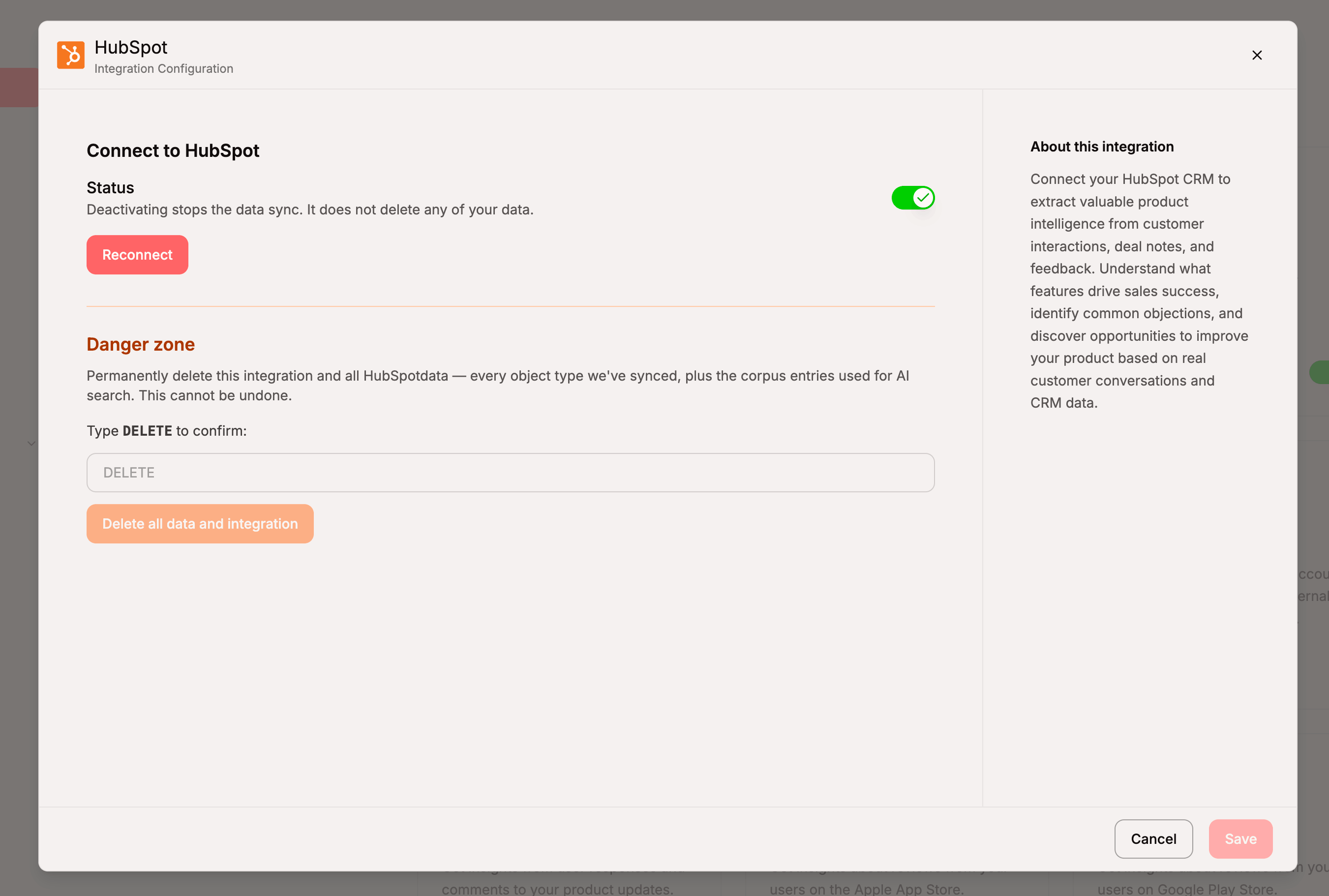 The Danger zone section of the HubSpot integration modal, showing the explanatory copy, the "Type DELETE to confirm" input, and the red "Delete all data and integration" button
