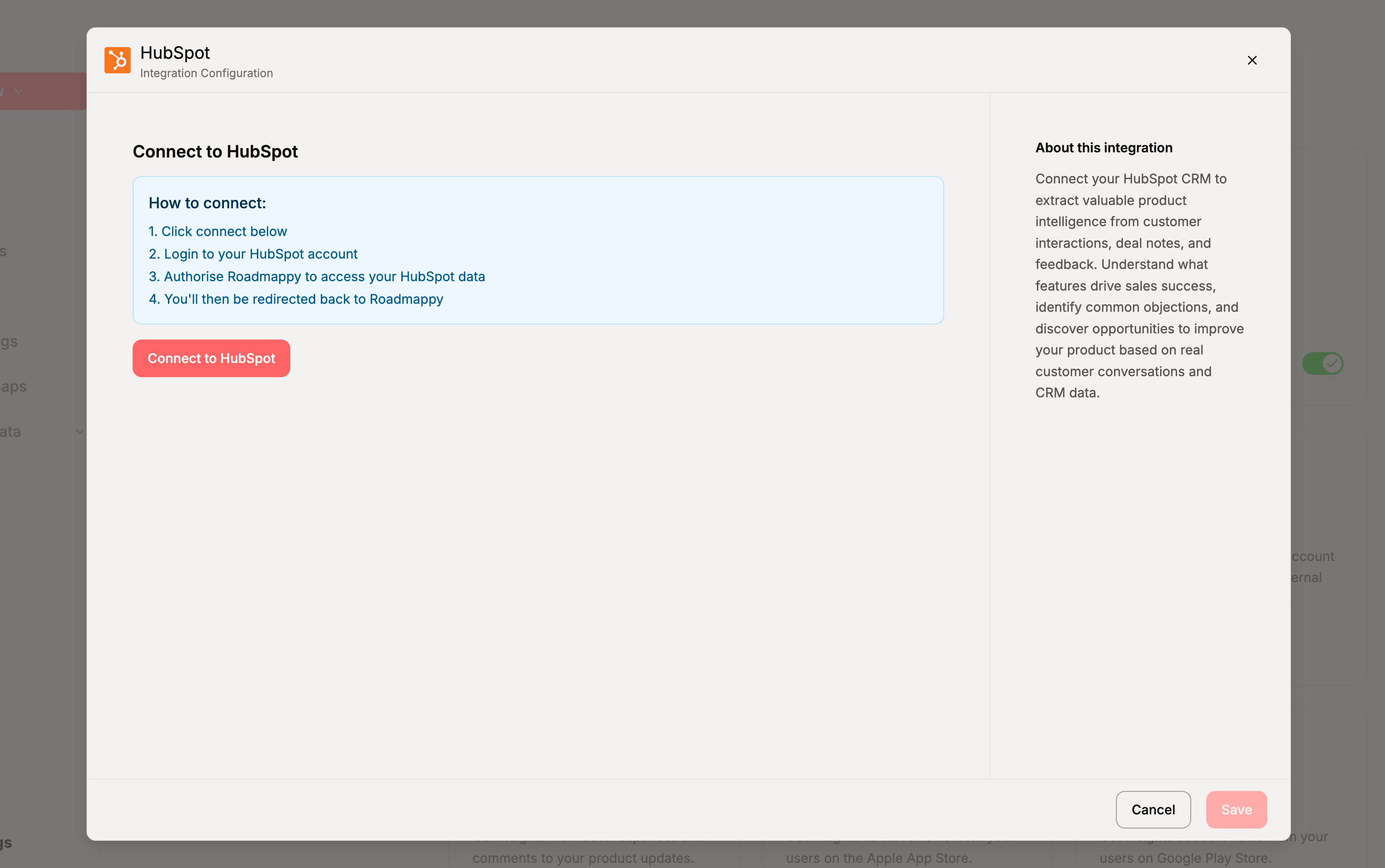 The HubSpot integration modal showing the Connect to HubSpot button and a How to connect primer alongside a description of the integration