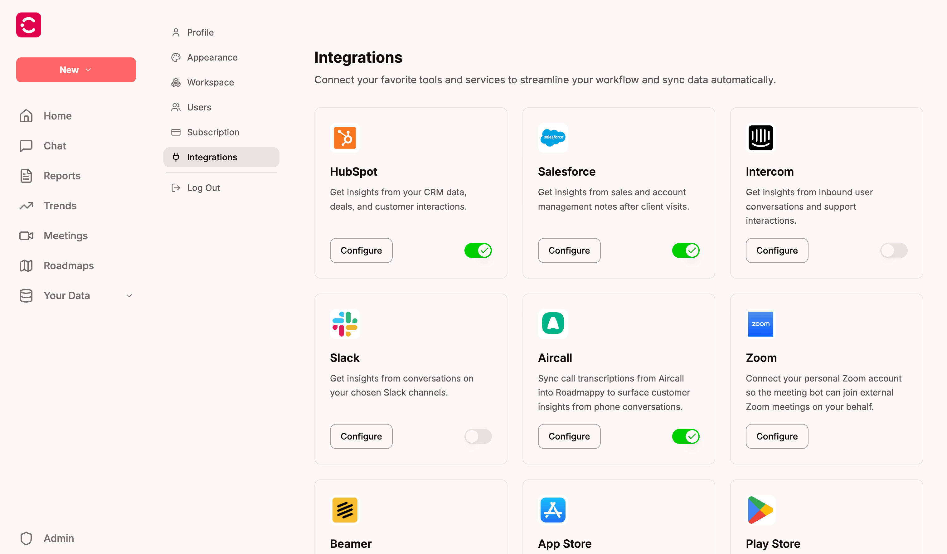 The Integrations settings page showing the HubSpot card alongside Salesforce, Intercom, Slack, Aircall, Zoom, Beamer, App Store, and Play Store