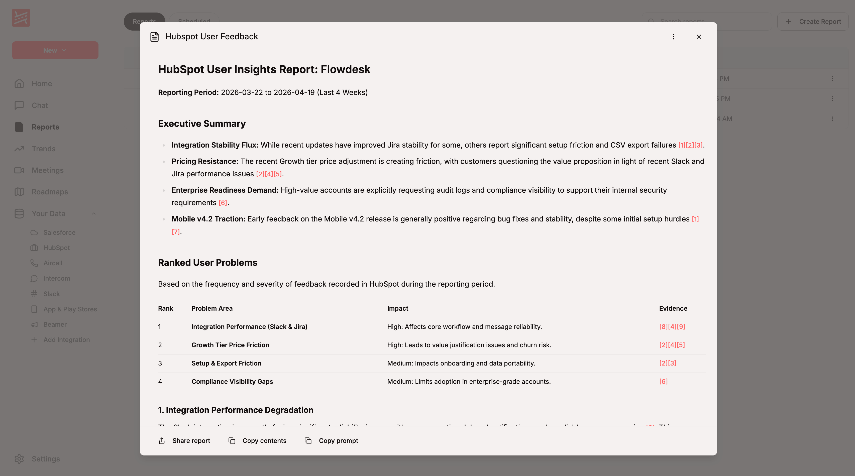 A HubSpot User Insights report titled "Flowdesk" covering a four-week window, with an executive summary, a ranked user problems table, and numbered citations throughout pointing back to HubSpot engagements