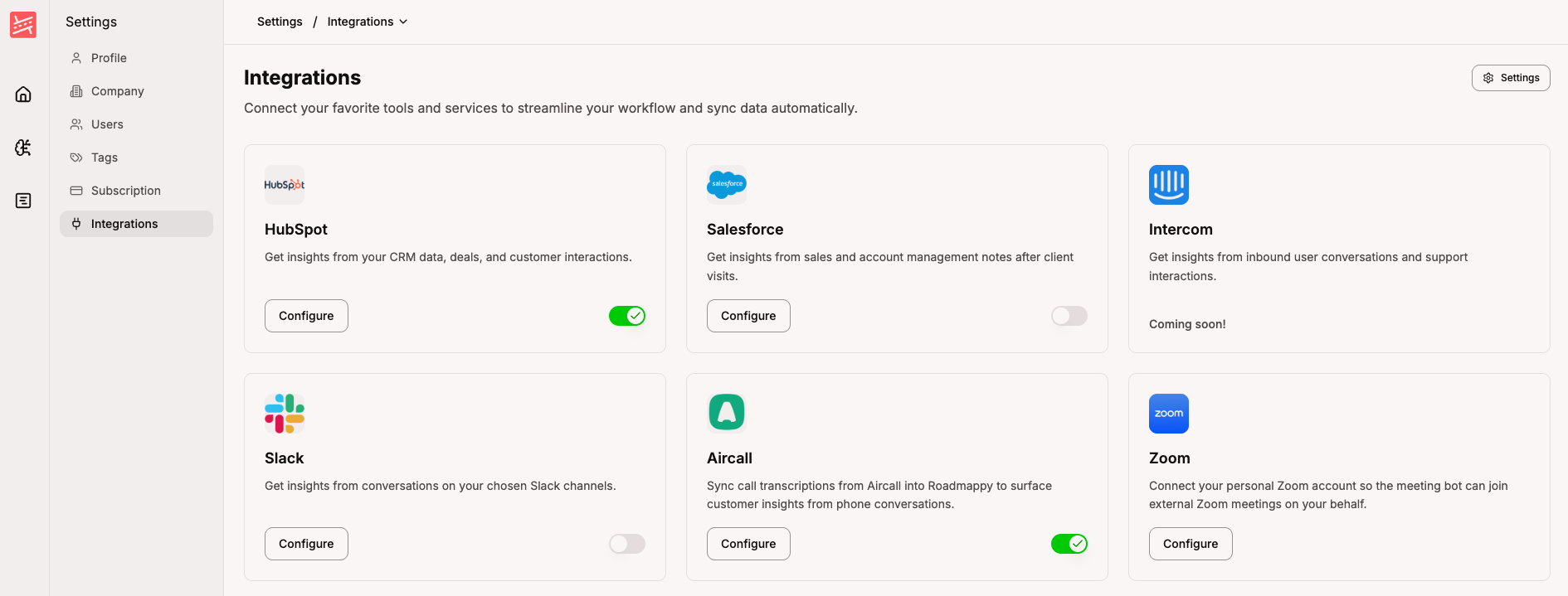 The Integrations settings page showing the Zoom card alongside HubSpot, Salesforce, Slack, and Aircall