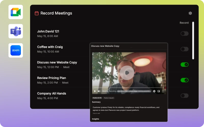 Meeting recordings with automatic transcription and AI insights