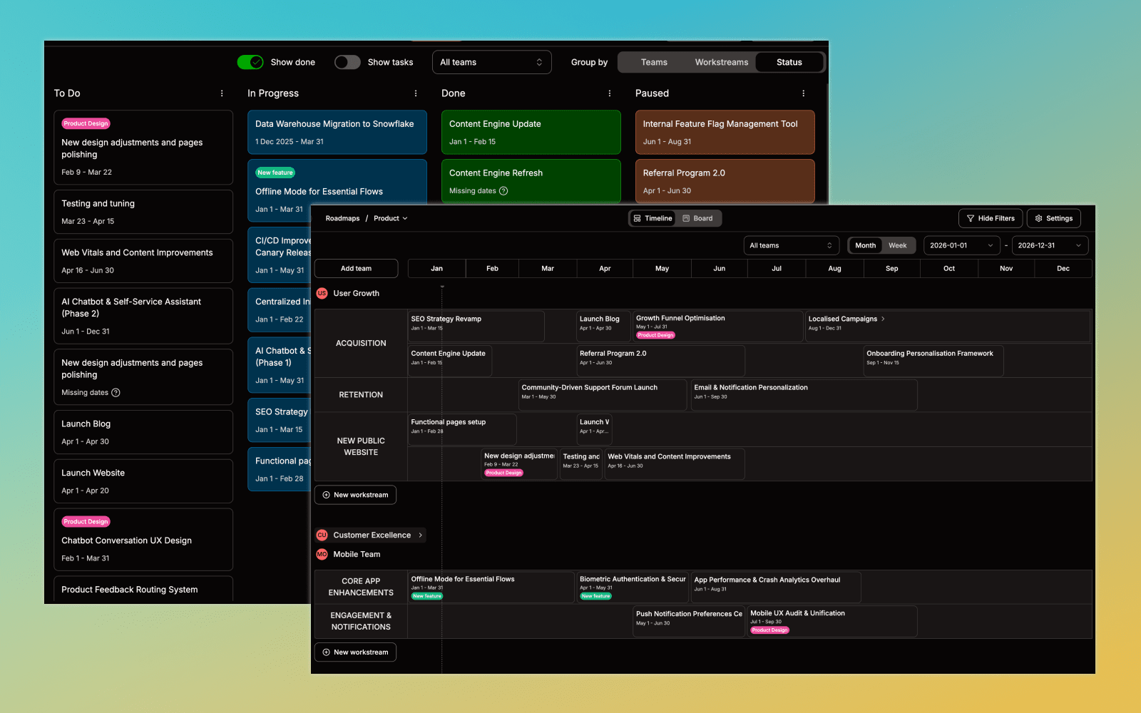 Product roadmap interface with timeline and board views